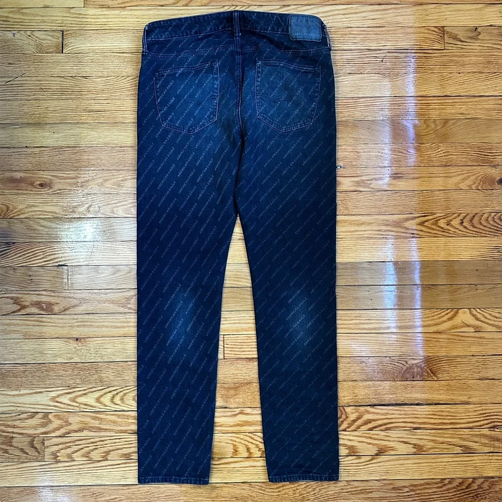 American Eagle Black All-Over Logo Print Jeans Men's 34x32 Slim Fit Denim